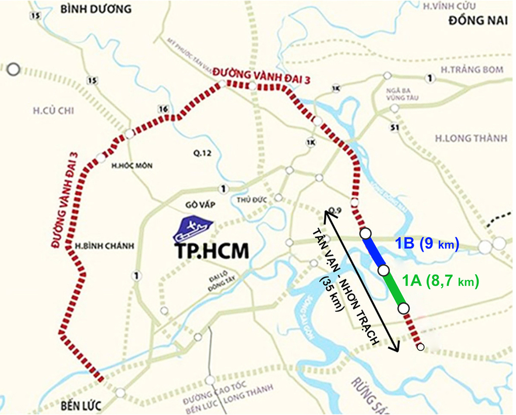 Dự án 1A và 1B, thuộc đoạn Tân Vạn - Nhơn Trạch tuyến Vành đai 3 TP HCM. Đồ họa: Thanh Huyền.